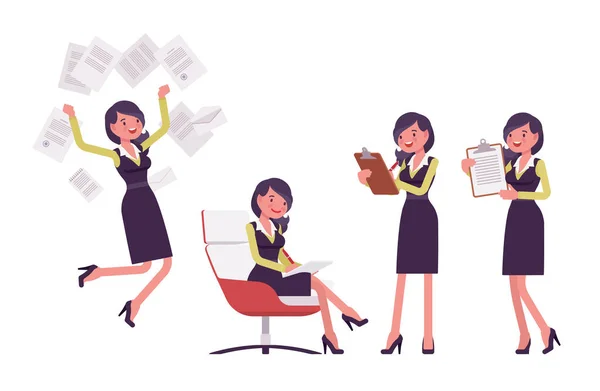 Atractiva mujer de negocios, mujer en vestido de oficina secretario lápiz con papel — Vector de stock