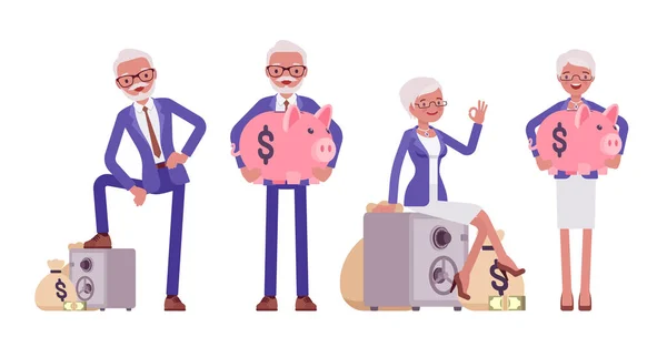 Hombre viejo guapo, mujer de negocios ancianos, alcancía, saco de dólar — Vector de stock