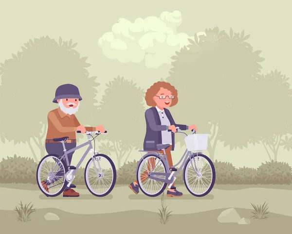 アクティブな高齢者、幸せな健康的な高齢者のスポーツを楽しむ、自転車に乗る — ストックベクタ
