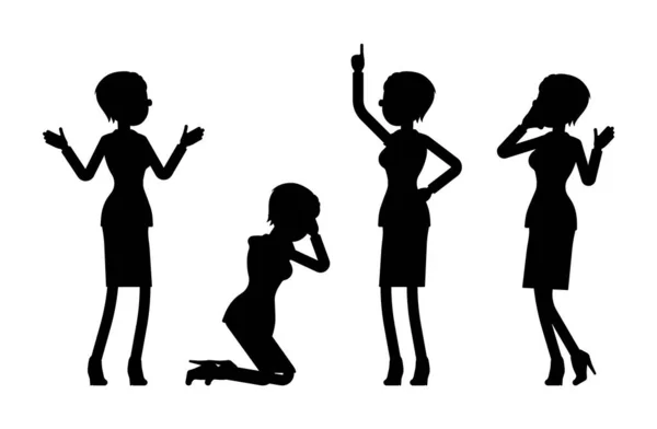 Weibliche schwarze Silhouette, Chefin, Geschäftsfrau, Büroangestellte, andere Pose — Stockvektor