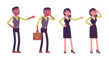 Evrak çantalı siyahi işadamı, resmi iş elbiseli iş kadını, ofis kıyafeti