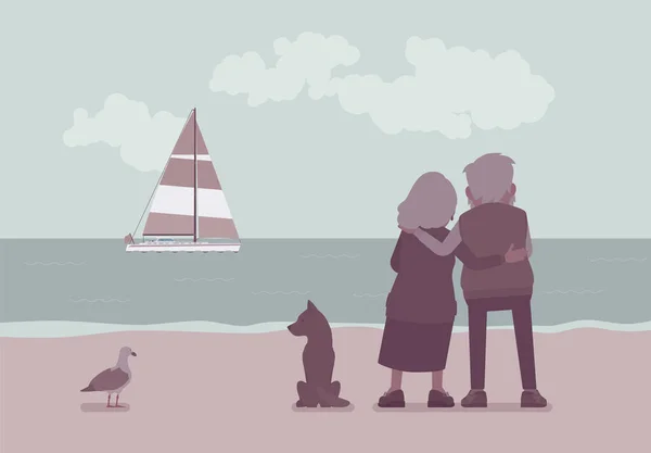 Aktivní senioři, starší lidé stojící na pláži v objetí, vzadu — Stockový vektor