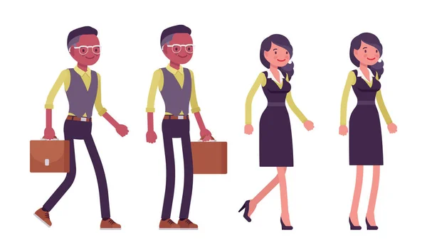 Hombre de negocios negro con maletín, mujer de negocios en ropa de trabajo formal, traje de oficina — Vector de stock