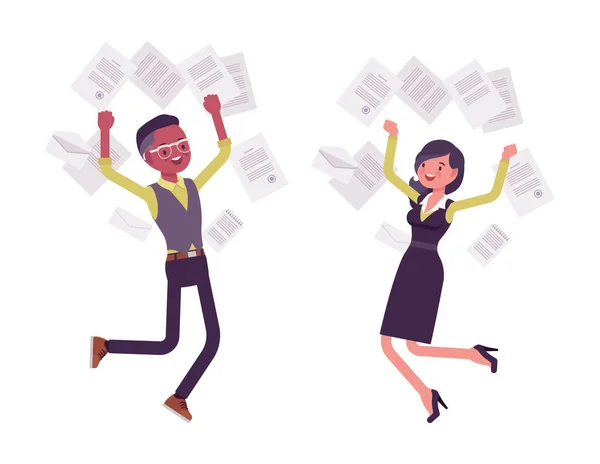 Black businessman, businesswoman happy jump in flying paper documents — Stockový vektor