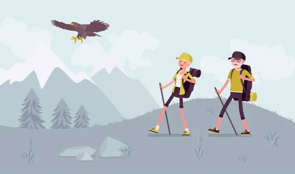 Aktivní senioři, šťastní zdraví starší lidé nordic walking, hory — Stockový vektor