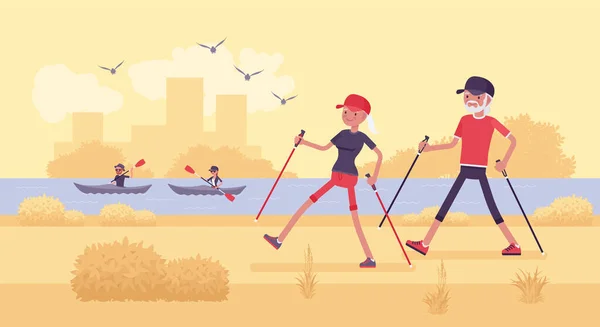 Aktive Senioren, glückliche gesunde Senioren beim Nordic Walking mit Stöcken — Stockvektor