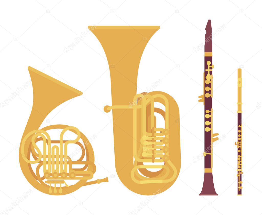 Wind musical instrument, brass and woodwind set