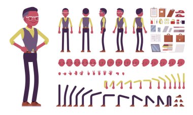 Siyahi işadamı, resmi iş elbiseli adam, ofis kıyafetleri seti.