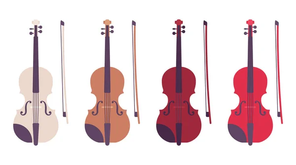 Conjunto de violín con arco, conjunto de instrumentos musicales de cuerda arqueada — Vector de stock