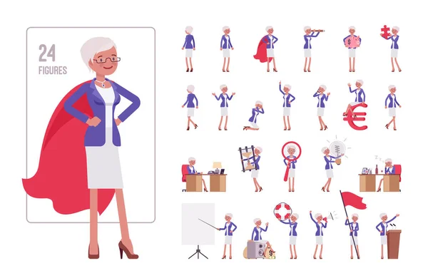 Atractiva anciana, anciana empresaria personaje conjunto, pose secuencias — Vector de stock