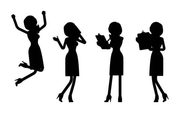 Femme silhouette noire, femme d'affaires, employée de bureau différentes poses — Image vectorielle
