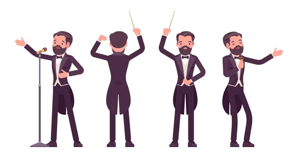 Músico, elegante esmoquin cantando, conductor profesional con bastón — Vector de stock