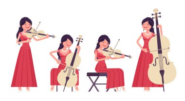Müzisyen, zarif kırmızı gece elbisesi giyen, yaylı çalgılar çalan kadın.