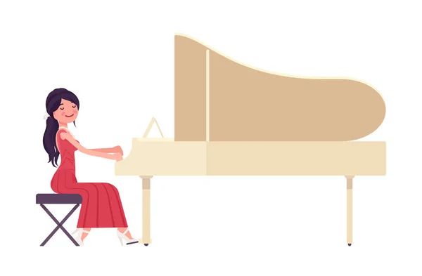 Músico, elegante vestido de noche mujer tocando instrumento de piano de cola profesional — Vector de stock