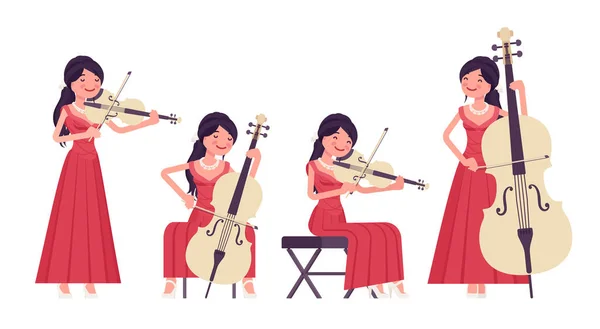 Músico, elegante vestido de noche rojo mujer tocando instrumentos de arco de cuerda — Vector de stock