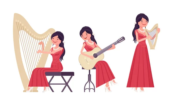 Musicien, élégante robe de soirée rouge femme jouant des instruments à cordes professionnels — Image vectorielle