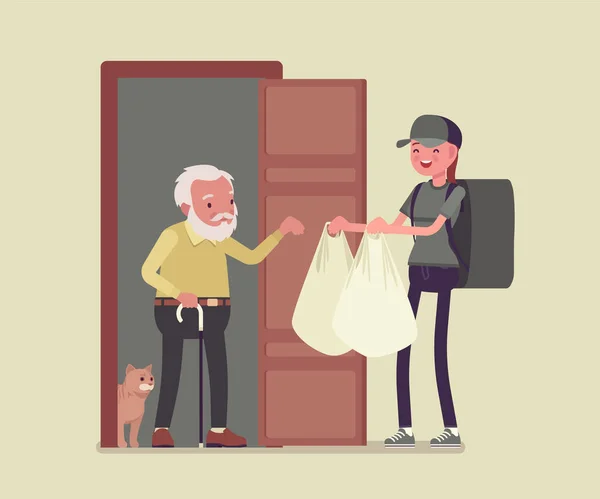 Idősek szociális támogatása, idősgondozás, otthoni élelmiszer-szállítás — Stock Vector