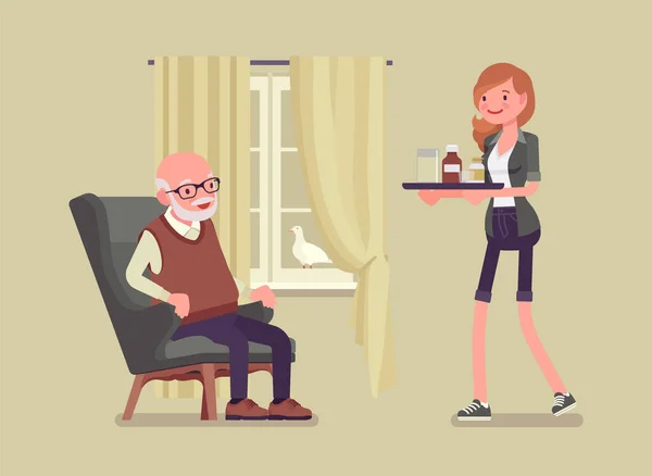 Cuidar de pessoas idosas, mulher jovem ajudando o homem idoso em casa — Vetor de Stock