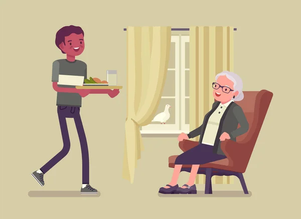 Altenpflege, junger Mann hilft Seniorin zu Hause — Stockvektor