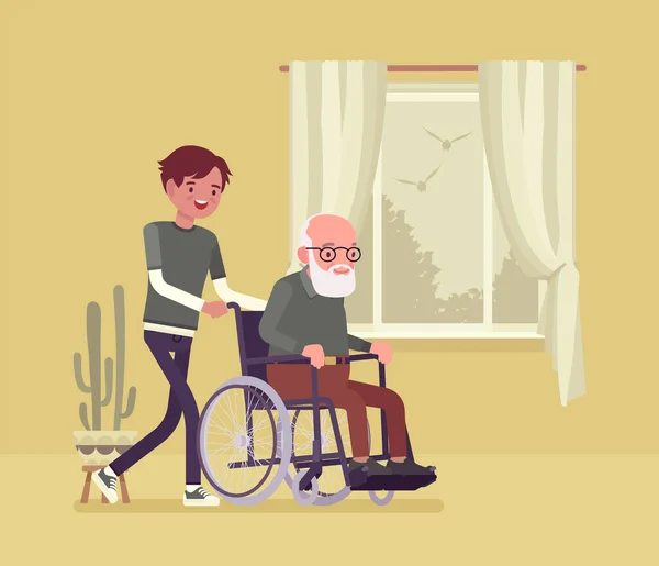 Cadeira de rodas idoso, deficiente com enfermeira masculina em casa —  Vetores de Stock