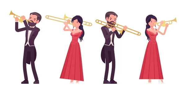 Musician, elegant man, woman playing professional wind instruments — Stock Vector