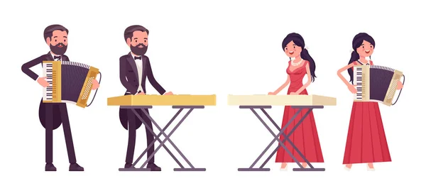 Músico, hombre, mujer tocando acordeón, instrumentos de teclado sintetizador — Vector de stock