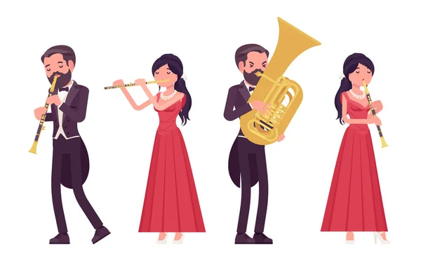 Músico, hombre, mujer tocando la trompeta, instrumentos profesionales del viento — Vector de stock