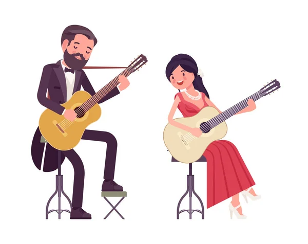 Musiker, Mann, Frau spielen professionelles Banjo, Gitarre, Saiteninstrumente — Stockvektor