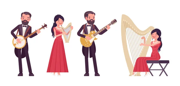 Músico, hombre elegante, mujer tocando instrumentos profesionales de cuerda arrancada — Vector de stock