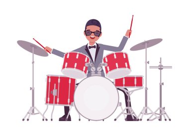 Müzisyen, caz, rock and roll adamı davul çalıyor, perküsyon