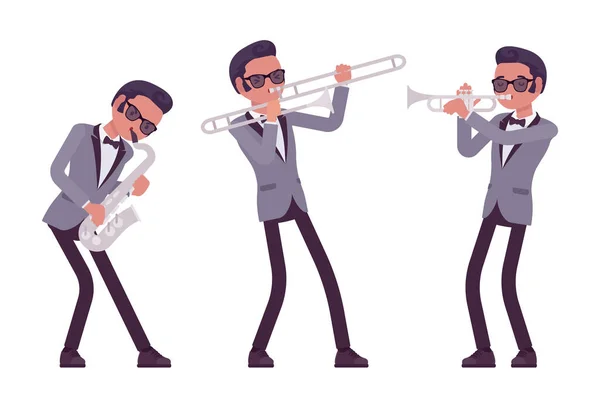 Musician, jazz, rock and roll man playing professional wind instruments — Stock Vector
