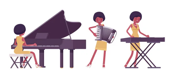Musicista, jazz, rock and roll donna africana che suona strumenti a tastiera — Vettoriale Stock