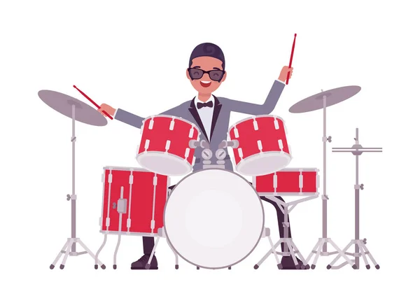 Muzikant, jazz, rock- 'n-roll man die druminstrumenten bespeelt, percussie — Stockvector