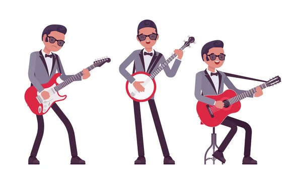 Musician, jazz, rock and roll man playing banjo, guitar instruments — Stock Vector