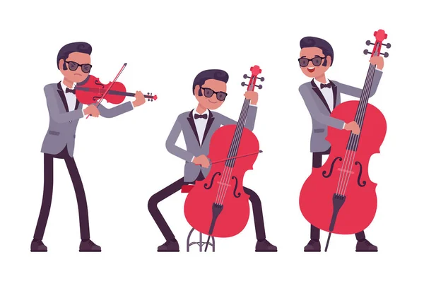 Musician, jazz, rock and roll man playing professional string instrument — Stock Vector