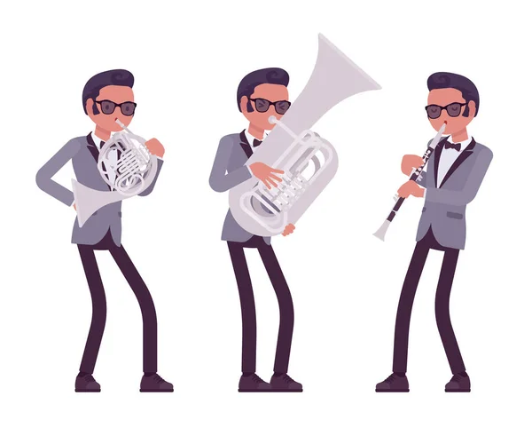 Musician, jazz, rock and roll man playing professional wind instruments — Stock Vector