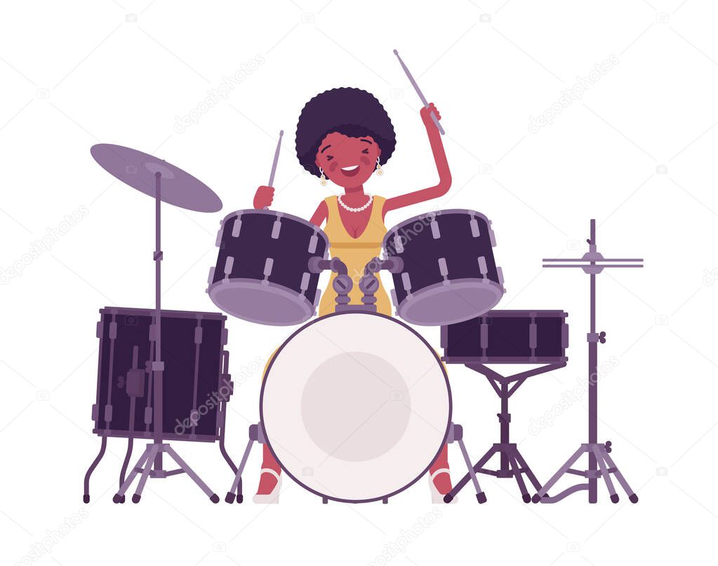 Musician, jazz, rock and roll african woman playing drum instrument