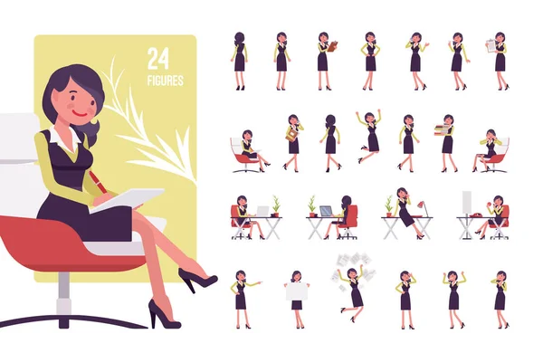Mujer de negocios, mujer, oficina formal conjunto de personajes de ropa de trabajo pose sequence — Vector de stock