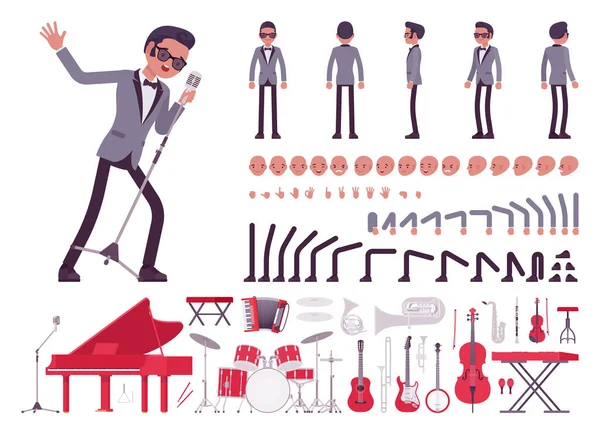Musicien, jazz, pop man chantant, jouant des instruments de musique, ensemble de construction — Image vectorielle