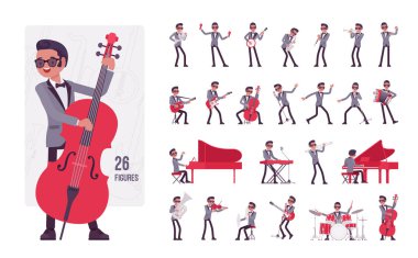 Müzisyen, caz sanatçısı müzik enstrümanları çalıyor, karakter seti, poz sahneleri