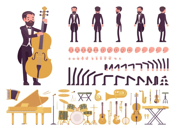 Músico, esmoquin tocando música clásica, instrumentos musicales, set de construcción — Vector de stock