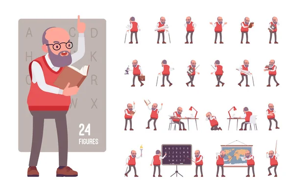 Vieux professeur, professeur senior masculin, jeu de caractères tuteur, séquence de pose — Image vectorielle