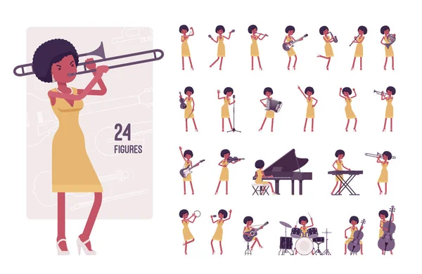 Musiker, jazzkvinna som spelar musikinstrument, teckenuppsättning, poserar sekvenser — Stock vektor