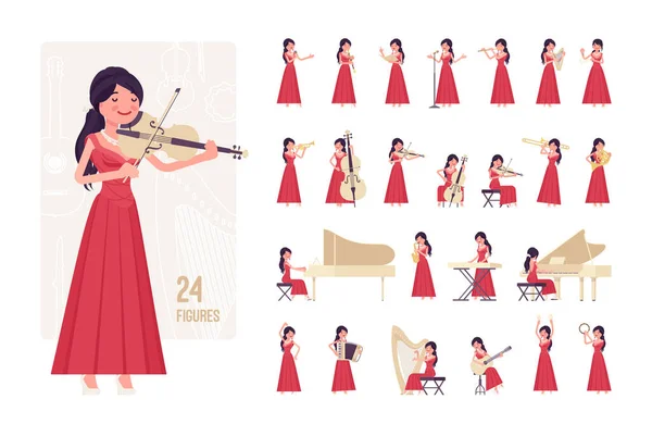 Músico, mulher tocando música, instrumentos musicais, conjunto de personagens, sequências de pose —  Vetores de Stock