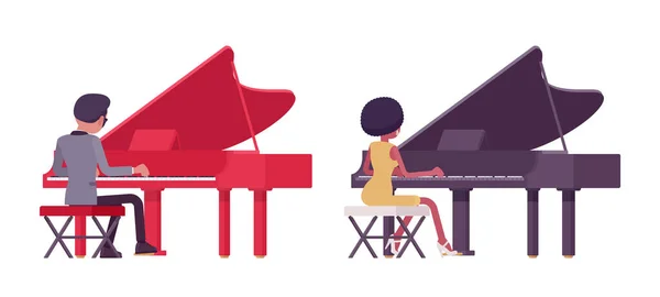 Musicista, jazz performer uomo, donna che suona il pianoforte a coda, vista posteriore — Vettoriale Stock