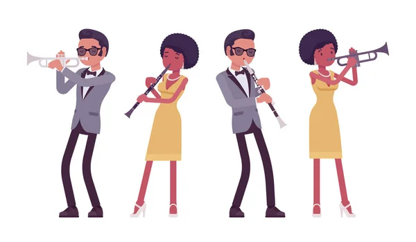 Müzisyen, rock 'n roll müzisyeni, klarnet çalan erkek ve kadın, trompet çalan. — Stok Vektör