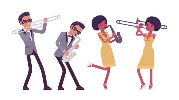 Musician, rock and roll performers man, woman playing saxophone, trombone — Stock Vector