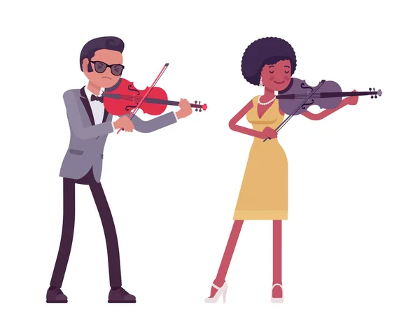 Musician, jazz, rock and roll performers man, woman playing violin — Stock Vector