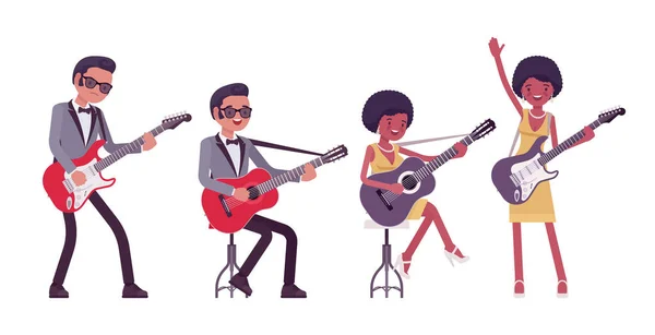 Músico, intérpretes de rock and roll hombre, mujer tocando la guitarra eléctrica — Vector de stock