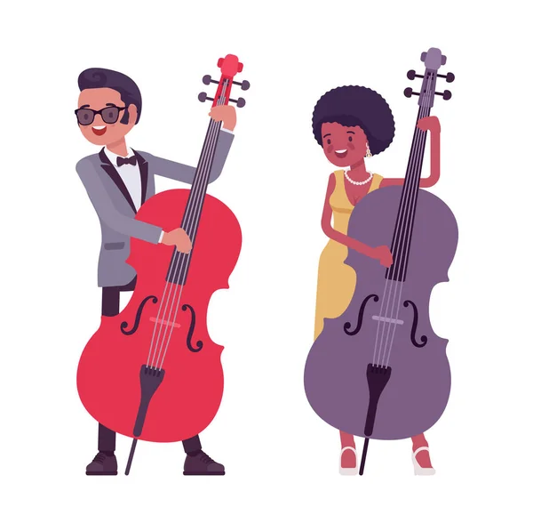 Músico, jazz, rock, roll performer, hombre, mujer tocando contrabajo — Vector de stock